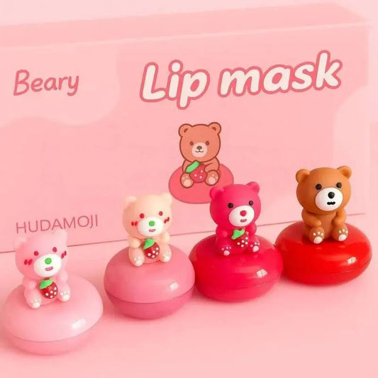 HUDAMOJI Beary Lip Mask Set (Pack of 4) – Hydrating Strawberry Moisturizing Lip Balm Best Long-Lasting Glossy Finish & Plumpy Lip Treatment for Dry Chapped Lips