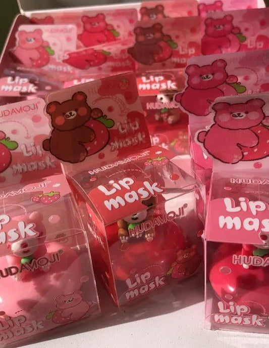 HUDAMOJI Beary Lip Mask Set (Pack of 4) – Hydrating Strawberry Moisturizing Lip Balm Best Long-Lasting Glossy Finish & Plumpy Lip Treatment for Dry Chapped Lips