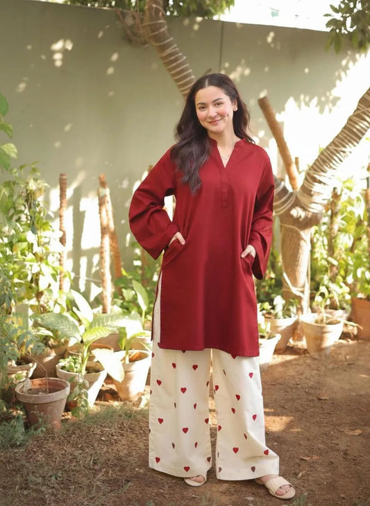 2 Pcs Women's Stitched Linen Plain Shirt And Trouser