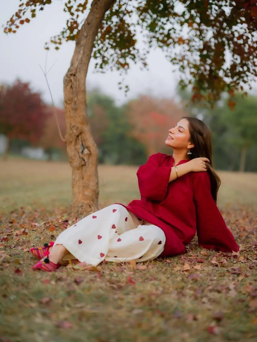 2 Pcs Women's Stitched Linen Plain Shirt And Trouser