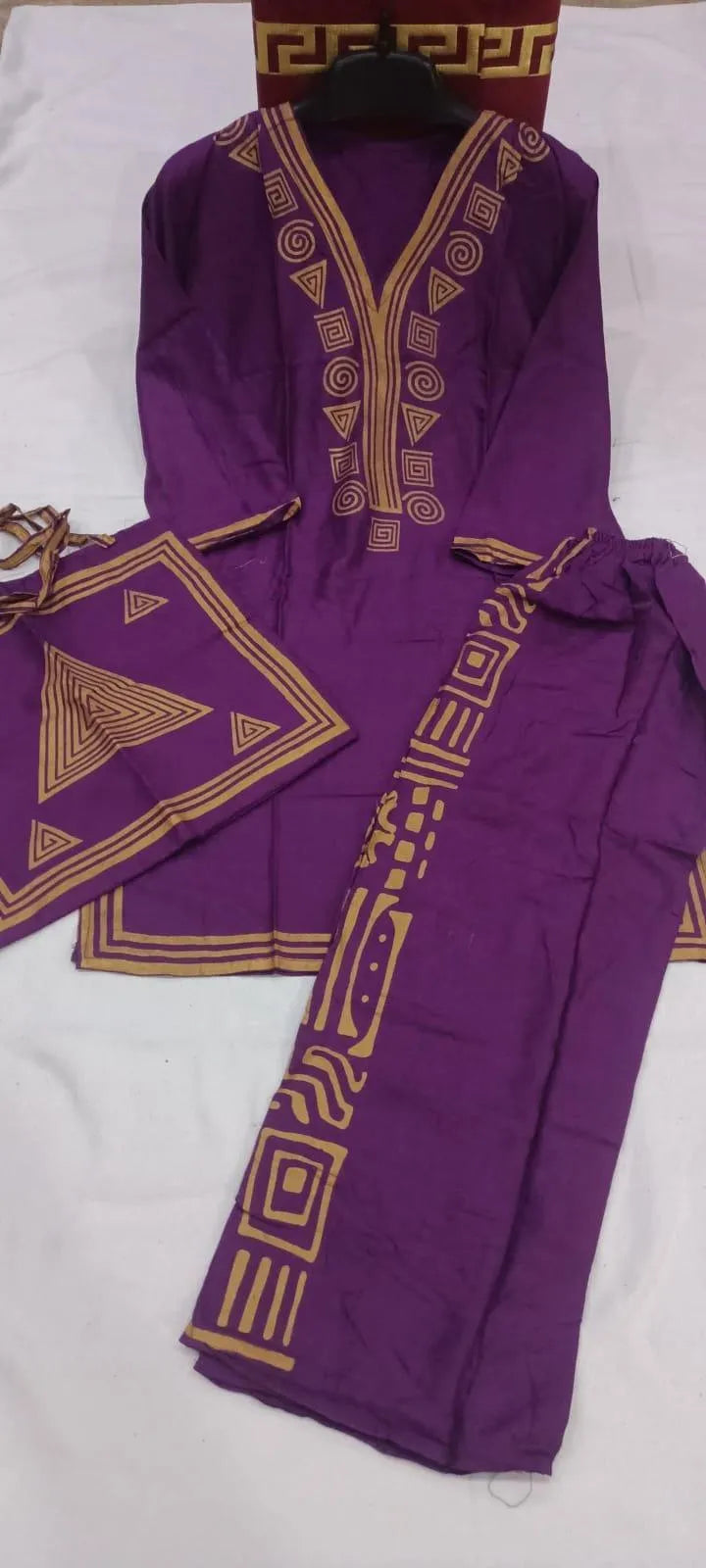 Purple Linen Printed 3Pc Set with Bag